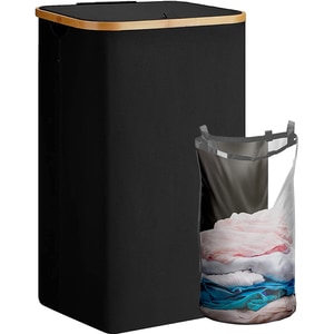 Cos de rufe bambus, pliabil, cu capac si sac de rufe detasabil, 100 L, 74 x 41 x 33 cm, material textil, Negru