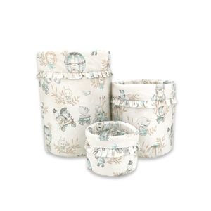 Set 3 cosuri rotunde depozitare jucarii MimiNu, 50x35 cm, 35x30 cm, 19x23 cm, Bumbac certificat Oeko Tex Standard 100, Design, Zoo on Bikes Nugat