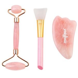 Set zenifique cu aparat masaj facial Roller, piatra Gua Sha, pensula pentru aplicarea substantelor, din quartz, roz