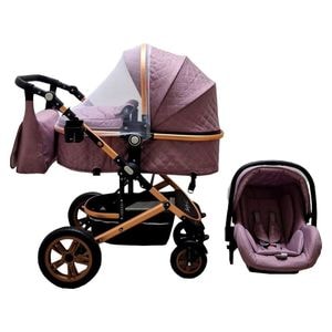 Carucior nou nascuti 3 in 1 Baby Care PRO 530, Cu geanta bebe, Cadru Aluminiu Gold, Amortizoare, Roti din cauciuc plin AVE, Landou, Scoica auto, Spatar reglabil 3 trepte, Plasa insecte, Mov Deschis