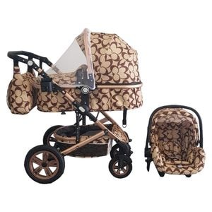 Carucior nou nascuti 3 in 1 Baby CarePRO 530 ,Cu geanta bebe, Scoica auto, Spatar reglabil 3 trepte, Plasa insecte, Crem cu Imprimeu Oval
