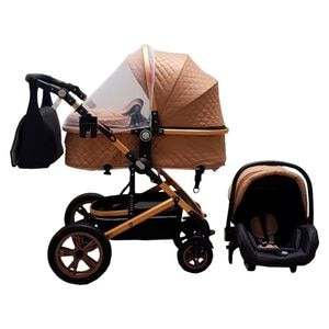 Carucior nou nascuti 3 in 1 Baby CarePRO 530, Cu geanta bebe, Scoica auto, Spatar reglabil 3 trepte, Plasa insecte, Beige cu Negru