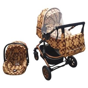 Carucior nou nascuti 3 in 1 Baby CarePRO 531, Cu geanta bebe,Scoica auto, Spatar reglabil 3 trepte, Beige cu imprimeu Fluturasi