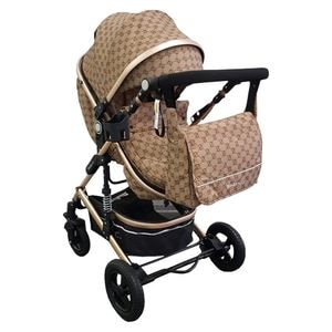 Carucior nou nascuti 3 in 1 Baby CarePRO 531, Cu geanta, Scoica auto, Spatar reglabil 3 trepte,Beige cu imprimeu Maron