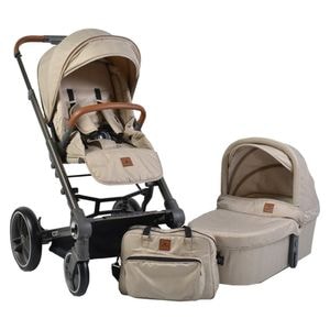Carucior nou nascuti 3 in 1 NOVOKIDS Icon,  Cadru Aluminiu, Maner piele, Roti din spuma PU, Geanta bebe, Landou, Scoica auto, Spatar reglabil 3 trepte, maxim 22 kilograme, Beige