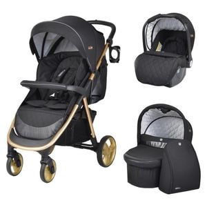 Carucior nou nascuti 3 in 1 NOVOKIDS Noble Deluxe, Scoica auto, Spatar reglabil 3 trepte, Negru cu Imprimeu