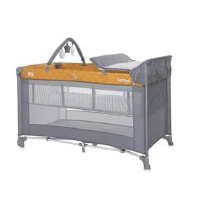 Patut pliabil Lorelli Torino Plus, 0-36 luni, salteluta, arcada cu jucarii, Portocaliu/Gri