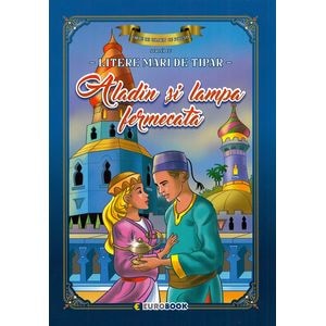 Aladin si lampa fermecata. Carte de colorat cu povesti scrisa cu litere mari de tipar