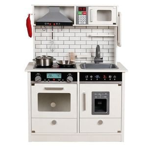 Bucatarie de lemn pentru copii PROCART, iluminata, efecte sonore, 4 accesorii incluse, design vintage, 65x30x93 cm, alb