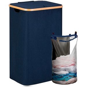 Cos de rufe bambus, pliabil, cu capac si sac de rufe detasabil, 100 L, 74 x 41 x 33 cm, material textil, Albastru