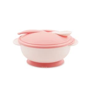 Set castron cu ventuza, Lorelli, capac si lingurita, ventuza antiderapanta, Blush Pink