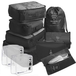 Set 8 huse organizare bagaj si 2 gentute cosmetice calatorie, Quasar & Co., pentru voiaj, accesorii valiza/troler, negru