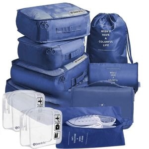 Set 8 huse organizare bagaj si 2 gentute cosmetice calatorie, Quasar & Co., pentru voiaj, accesorii valiza/troler, bleumarin
