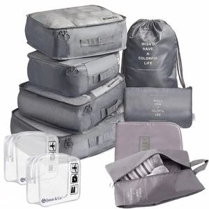 Set 8 huse organizare bagaj si 2 gentute cosmetice calatorie, Quasar & Co., pentru voiaj, accesorii valiza/troler, gri antracit deschis