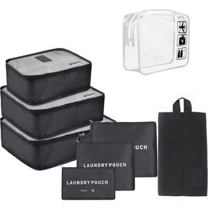 Set 7 huse organizare bagaj si o gentuta cosmetice calatorie, Quasar & Co., pretabile voiaj, accesorii valiza/troler, negru