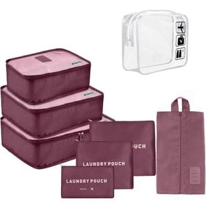 Set 7 huse organizare bagaj si o gentuta cosmetice calatorie, Quasar & Co., pretabile voiaj, accesorii valiza/troler, visiniu