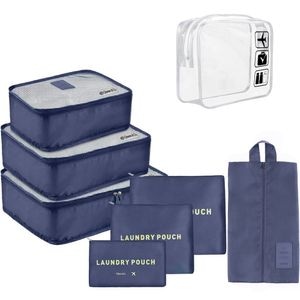 Set 7 huse organizare bagaj si o gentuta cosmetice calatorie, Quasar & Co., pretabile voiaj, accesorii valiza/troler, bleumarin