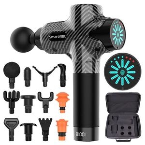 Aparat Profesional pentru Masaj Tip Pistol SmartGUN PRO, Ecran Tactil LED, 12 Viteze, 12 Capete, 3200 Percutii/Minut, 2500mAh, Incarcare Rapida, Geanta Transport, Carbon