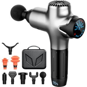 Aparat Profesional pentru Masaj Tip Pistol SmartGUN MAX, LCD Display Touch, 7 Viteze, 8 Capete, 4800mAh Baterie Reincarcabila, 3200 Percutii/Minut, Geanta Transport, Silver