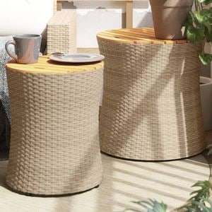 Mese laterale de gradina cu blat din lemn 2 buc, bej poliratan, vidaXL, 50x50cm, 2 locuri, Lemn, Bej