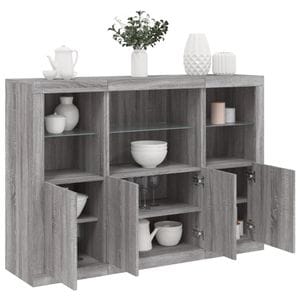 Servanta vidaXL, cu lumini LED, 3 buc., gri sonoma, lemn prelucrat