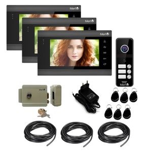 Kit Interfon Video Smart 3 familii wireless Mentor SYKT006 WiFi, 4in1 Acces Aplicatie, Cheie, Card, Buton cu Interfon, Yala, 3xMonitor 7 inch HD, Night Vision, IR, Senzor de miscare