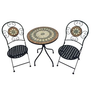 Set mobilier gradina DacEnergy, din metal si ceramica, o masa si 2 scaune, rezistenta in fata factorilor externi, 60 x 71 cm, negru si maro