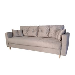 Canapea extensibila Liuba 140, Iza, pat, saltea arcuri Relaxa, lada depozitare, picioare inalte fag, perne decorative, culoare bej, plus, 220x95x73