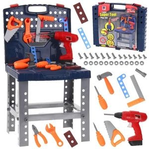 Banc de lucru Super Tools, asamblat in valiza practica, 50 accesorii +, 72 cm inaltime, Albastru, 4 ani+