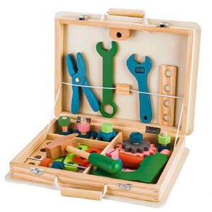 Trusa de unelte din lemn idealStore Little Handyman, 6 unelte diferite, Multicolor, 3 ani+
