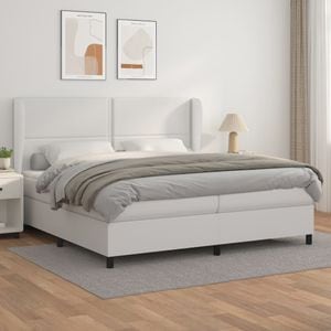 Pat box spring cu saltea vidaXL, 200x200 cm, piele ecologica, Alb