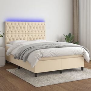 Pat cu arcuri vidaXL, saltea si LED, 140x190 cm, textil, Crem