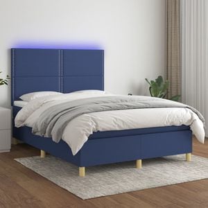 Pat cu arcuri vidaXL, saltea si LED, 140x190 cm, textil, Albastru