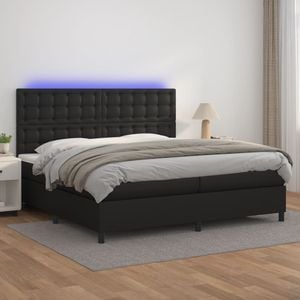 Pat cu arcuri vidaXL, saltea si LED, 200x200cm, piele ecologica, Negru