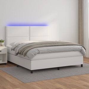 Pat cu arcuri vidaXL, saltea si LED, 180x200 cm, piele ecologica, Alb
