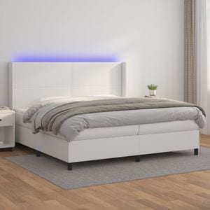 Pat cu arcuri vidaXL, cu saltea si LED, 200x200 cm, piele eco, Alb