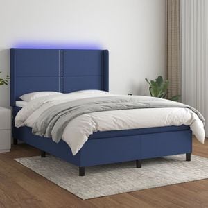 Pat cu arcuri vidaXL, saltea si LED, 140x190 cm, textil, Albastru