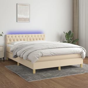 Pat cu arcuri vidaXL, saltea si LED, 140x190 cm, textil, Crem