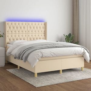 Pat cu arcuri vidaXL, saltea si LED, 140x190 cm, textil, Crem