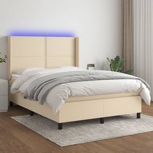 Pat cu arcuri vidaXL, saltea si LED, 140x200 cm, textil, Crem