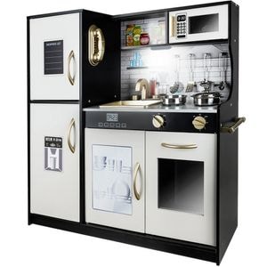 Bucatarie de lemn Kitchen Master, Echipata cu frigider, Telefon, Cuptor cu microunde, Chiuveta, Masina de spalat, Material de inalta calitate, Dotata cu o lampa functionala si cu o multitudine de ustensile