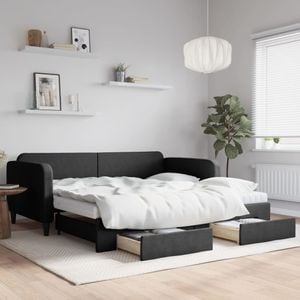 Pat de zi cu extensie si sertare vidaXL, 100 x 200 cm, textil, Negru
