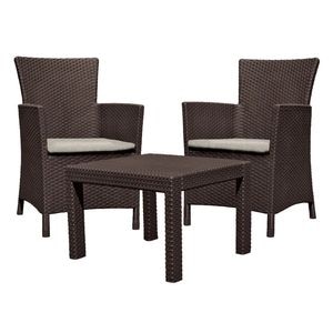 Set mobilier gradina, din ratan sintetic, o masa si 2 fotolii cu perne, usor de ingrijit, rezistent la intemperii si razele solare, durata de viata indelungata, 59 x 59 x 43 cm, maro