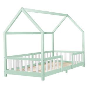 Pat Copii Sisimiut tip Casuta, Dimensiuni 200x90cm, Lemn de Brad, Culoare Verde/Alb