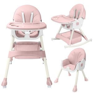 Scaun de Masa Pliabil 7 in1 KinderVibe 6 Luni +, Tavita si Husa Detasabile si Lavabile, Roti, Centura in 5 Puncte, Ajustabil pe Inaltime, Balansoar, Cos de Depozitare, Roz