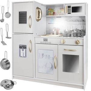 Set Bucatarie pentru Copii din Lemn Natural, FrenchCuisine, Iluminare LED si Sunete, Set Ustensile, Cuptor cu Butoane, Telefon, Plita, Microunde, Chiuveta, Alb/Auriu