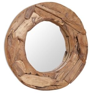 Oglinda decorativa lemn de tec, rotunda, diametru 60 cm, maro