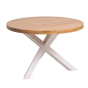 Masa rotunda cu picior XY SZEL MOB, blat stejar maro deschis P002, picioare crem P015, dublu color, 100% lemn masiv , 130x78x130 cm, 4 persoane, crem/maro deschis