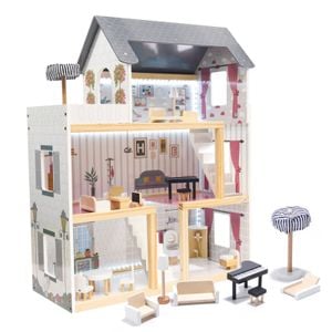 Casuta de Papusi din Lemn The Family Home idealSTORE, 62 x 27 x 78 cm, Lumina LED, 3 Etaje, Dotata cu 4 Camere si o Terasa, Include un Mobilier Bogat din Lemn