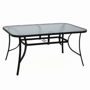 Masa pentru gradina DacEnergy, constructia din otel sisticla securizata, cu orificiu pentru umbrela de soare, forma dreptunghiulara, 6 persoane, 150 x 70 x 90 cm, negru